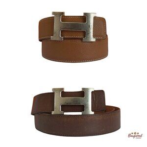 Authentic HERMES Brown Leather H Silver Reversible Buckle Belt B 100